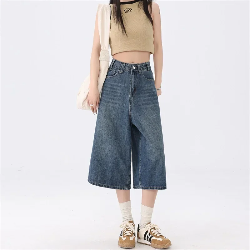 Pop อินเทรนด์ผู้หญิงกางเกงยีนส์กางเกงขาสั้นบางขากว้างหลวม Fit เจ็ดฟุต Slim ตัดตรงความยาวกลางลูกวัวฤดูใบไม้ผลิฤดูร้อนแฟชั่น
