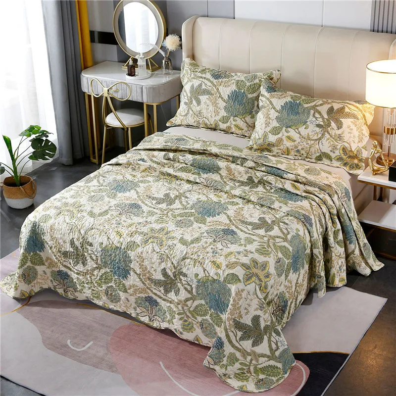 Embroidery Cotton Quilt Bedspread on the Bed with Pillowcases Quilted Blanket Plaid Coverlet Cubrecam Bed Cover Home Bedding Set