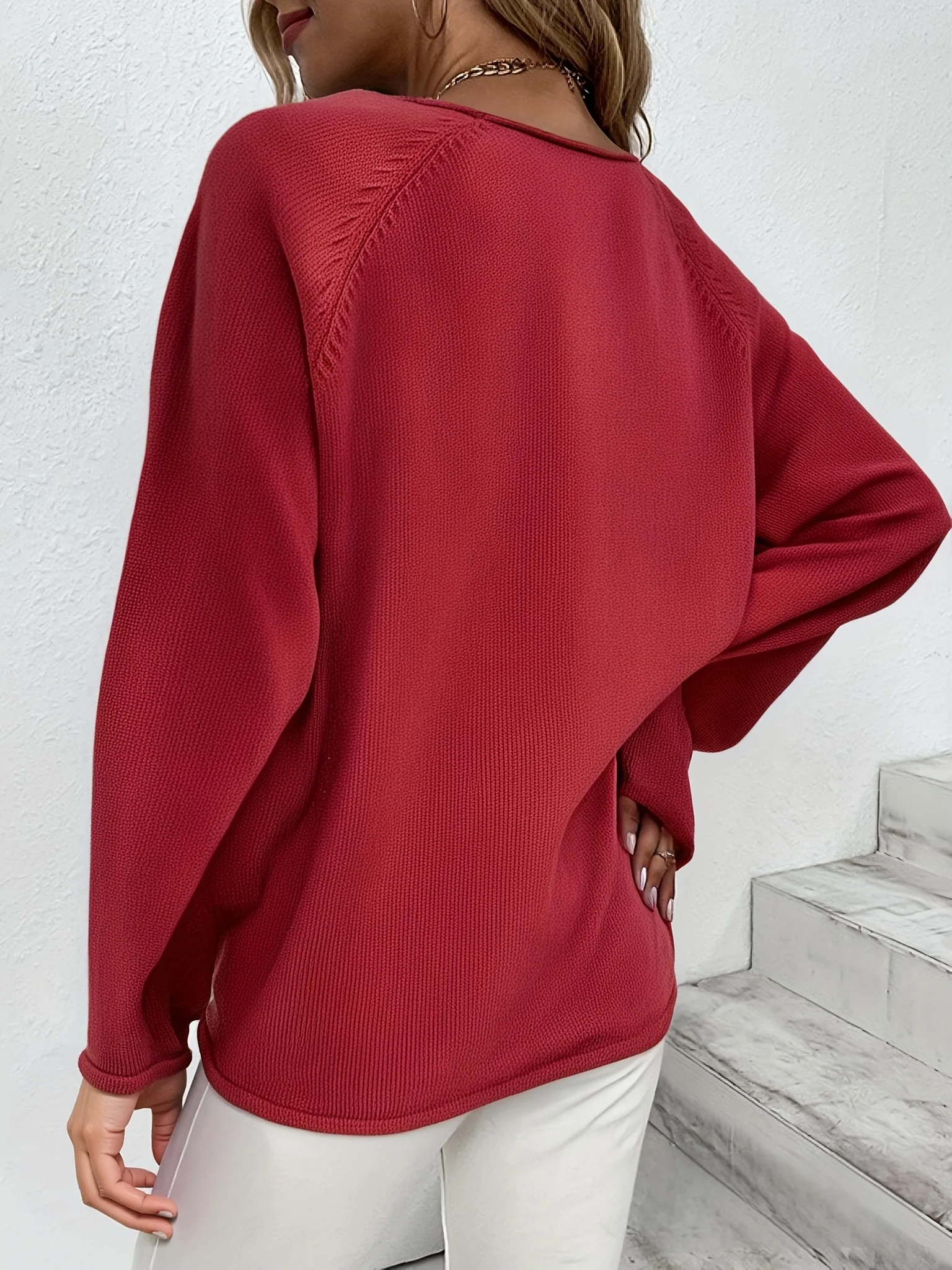 Plus-Size-Pullover mit Rundhalsausschnitt für Damen, Raglanärmel, lockere Passform, gestrickter Pullover, lange Ärmel, einfarbig, rot, mit geripptem Rand, Herbst/Winter – Detail 2