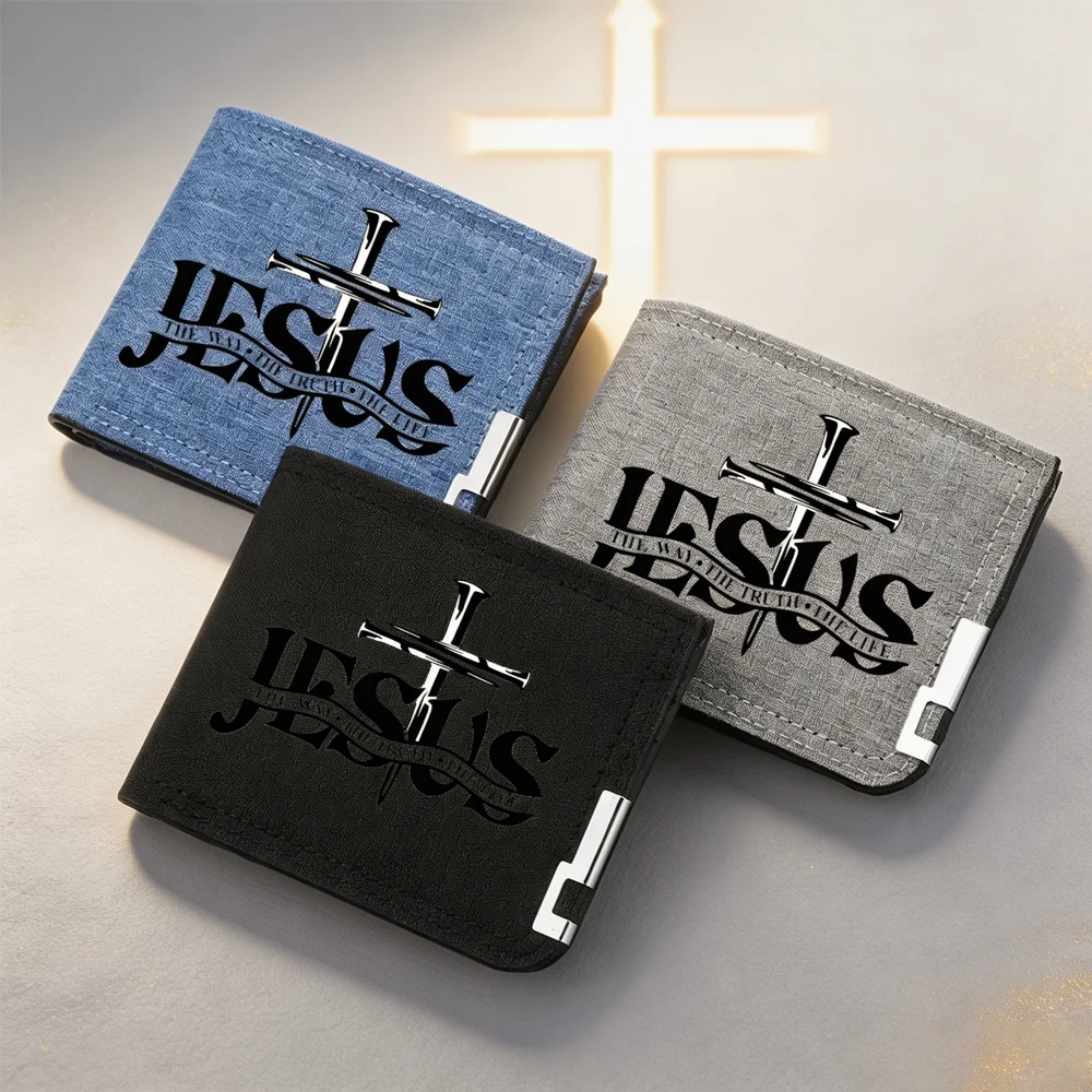 Men's Canvas Wallet with JESUS Pattern Personalized Design Multi-Card Slot Zipper Coin Pocket Youth Wallet