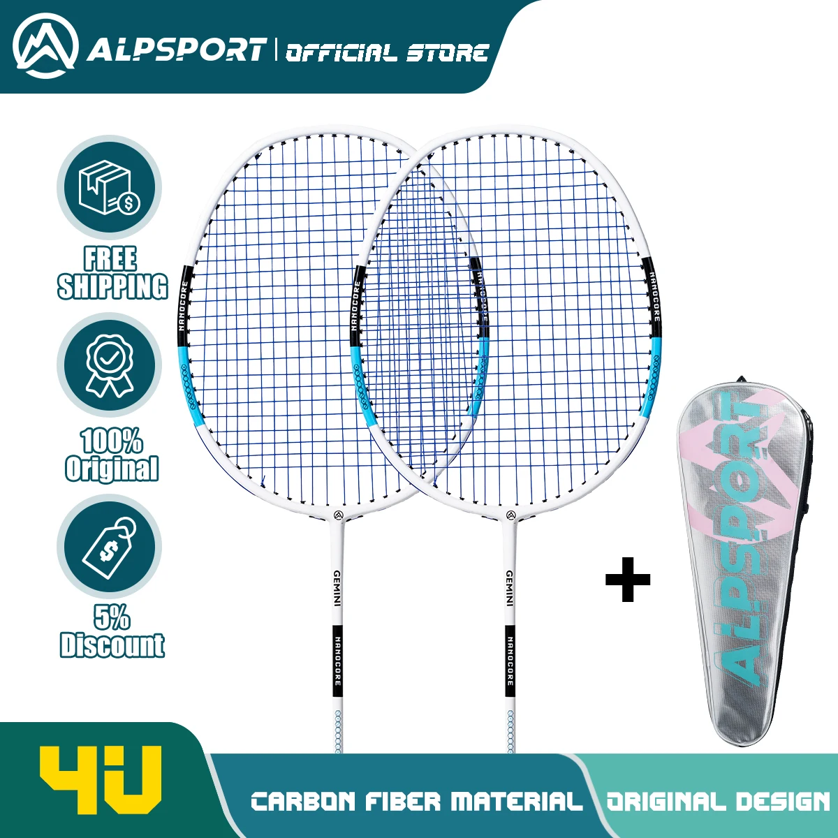 

Alpsport Gemini 4U Available in various colors Mixable colors Badminton racket T800 Carbon fiber Offense max 28 lbs