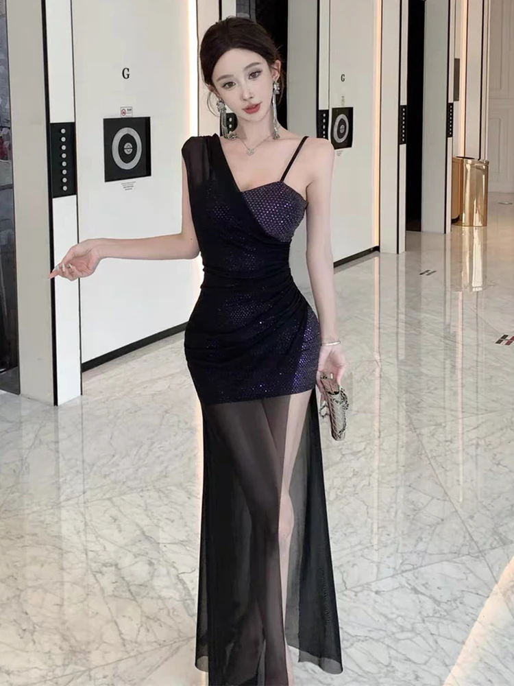 RORORIRI Sheer Mesh Stitch Sequin Camisole Dress Women One Shoulder Slim Bodycon Slit Draped Long Dress Sexy Vintage Party Gown
