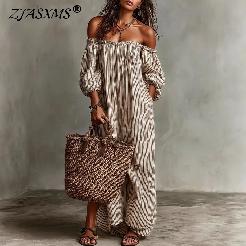 Robe longue maxi femme sexy à épaules dénudées et manches bouffantes, imprimé rayé vintage, avec poches, style bohème, pour les vacances de printemps-été à la plage