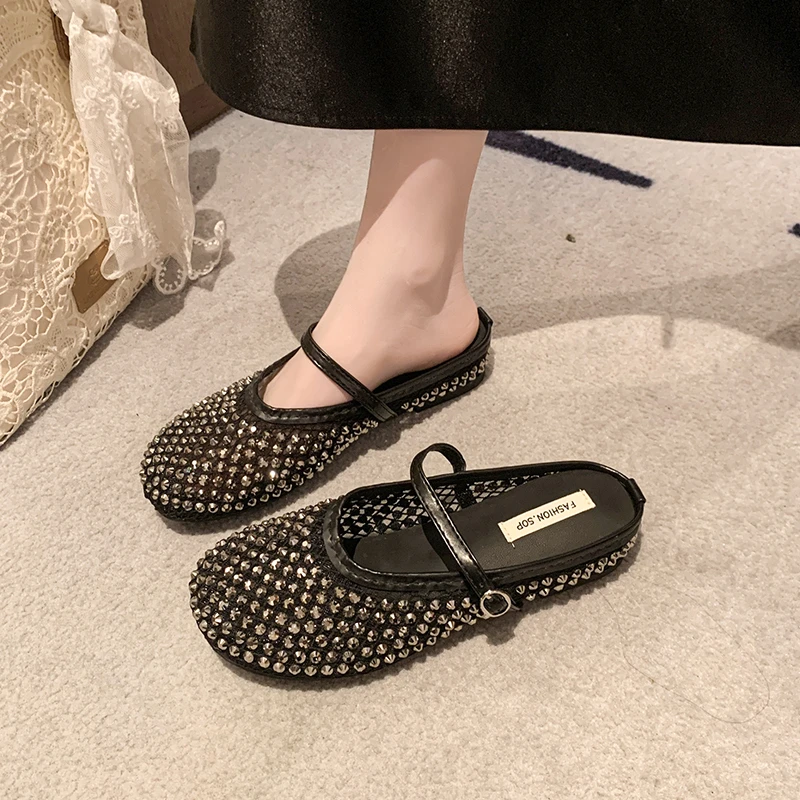 Women Flats Sandals Luxury Crystal Rhinestone Sandals Fishnet Ballet Woman Anti-slip Designer Rivet Studs Mesh Mary Jane Shoes