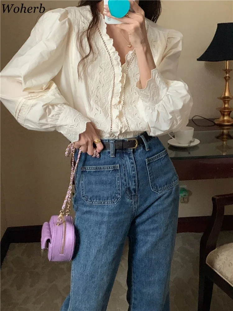 

2024 Blusas Mujer De Moda Blouses for Women Hollow Out Sweet Ruffles Shirts Autumn Y2k Tops Loose Embroidery Sweet Blouse Tops