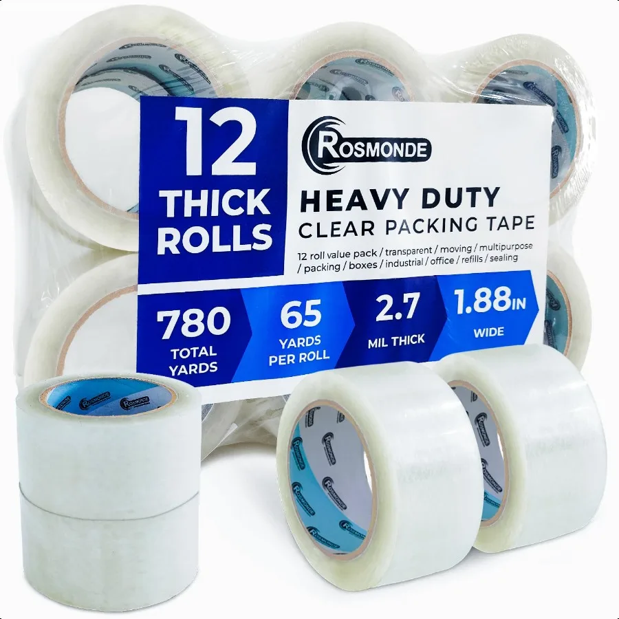 

12 Pack Packaging Tape 65 Yards Heavy Duty Shipping Tape 1.88 Wide Stronger Thicker 2.7 Mil 68 Microns 3 Core Refill Pack Clear