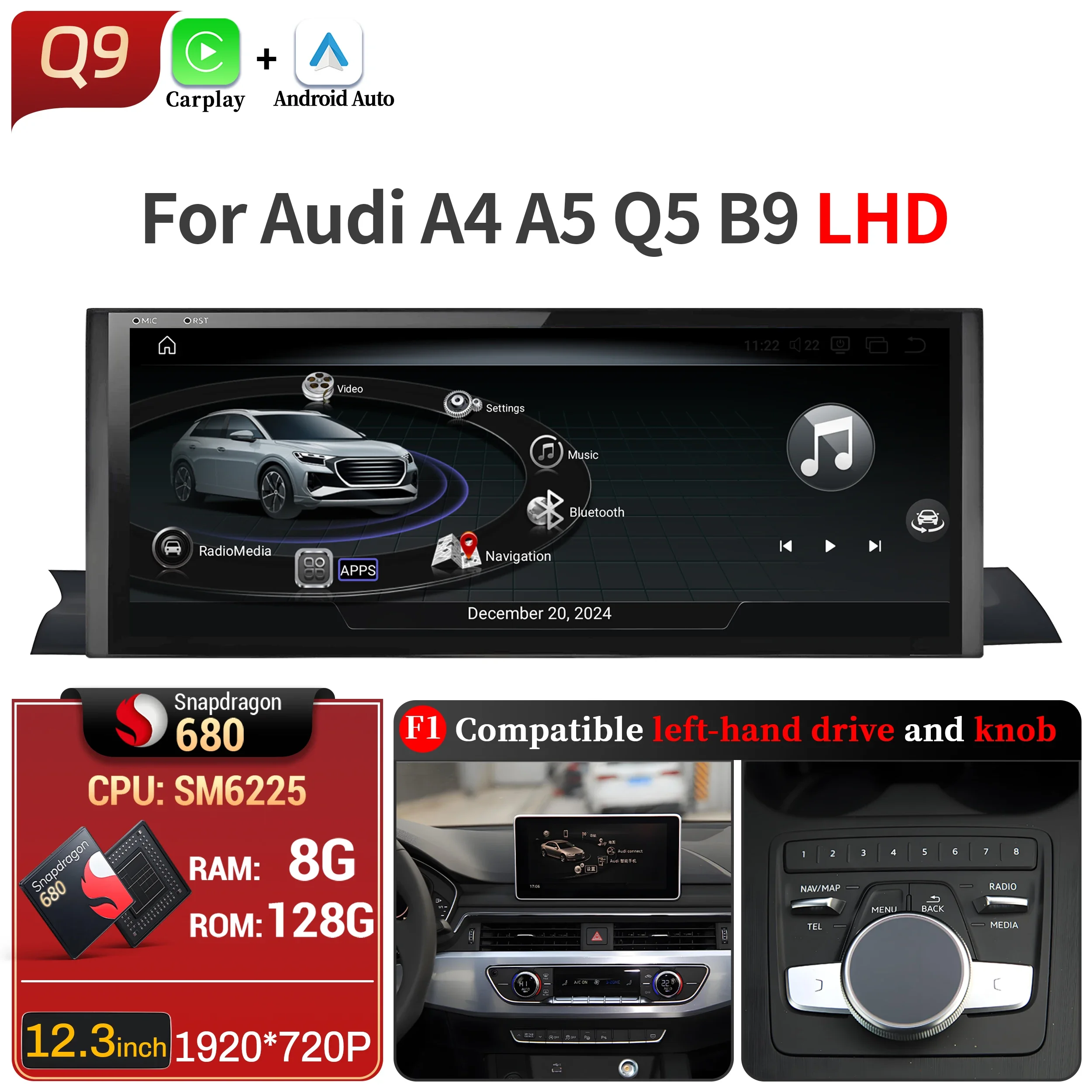 12.3 inch Android 13 Autoradio Voor Audi A4 A5 Q5 B9 2016-2023 Draadloze BT Carplay Qualcomm Snapdragon 680 Head Unit Touchscreen