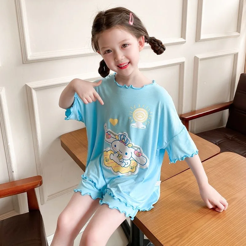 Kuromi Cinnamoroll Children\'s Pajamas Girls Summer Thin Short Sleeved Shirts Pants Suit My Melody Sanrio Kids Home Clothing Set