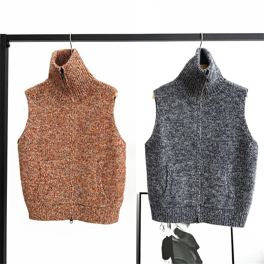 

25, осенне-зимний новый женский шерстяной кардиган с лацканами, без рукавов, на молнии, с карманом, свободный вязаный жилет из пряжи с цветочным принтом