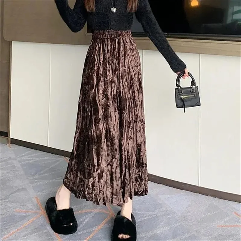 Retro New Fashion Beautiful Velvet Padded Skirt Women Fall High Waist Split Casual A-line Straight Glossy Velvet Long Skirt