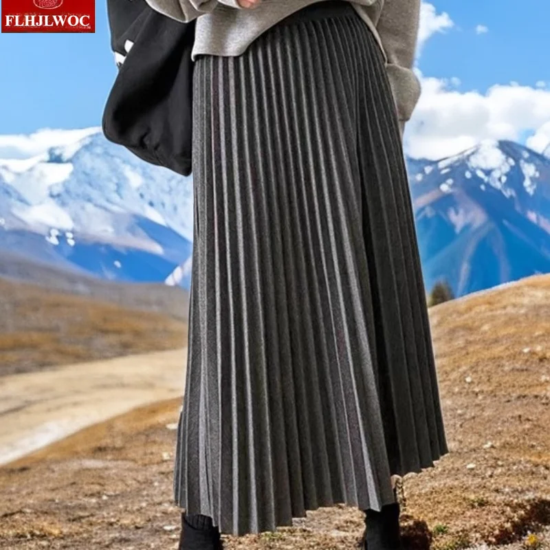 

Solid Woolen Long Skirts New Fashion Autumn Winter Woman Cute Girls Preppy Style All-Match Retro High Waist A Line Pleated Skirt
