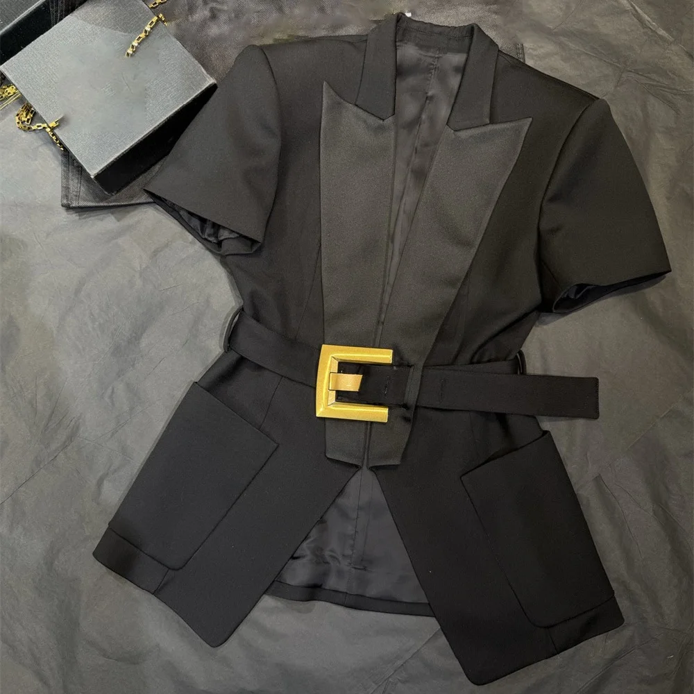 2026 Summer Women's Suit Jacket, Satin Lapel, Belted, Metal Buckle, Women's Top, Outerwear, Y2K New Fashion, Versatile Coat bra