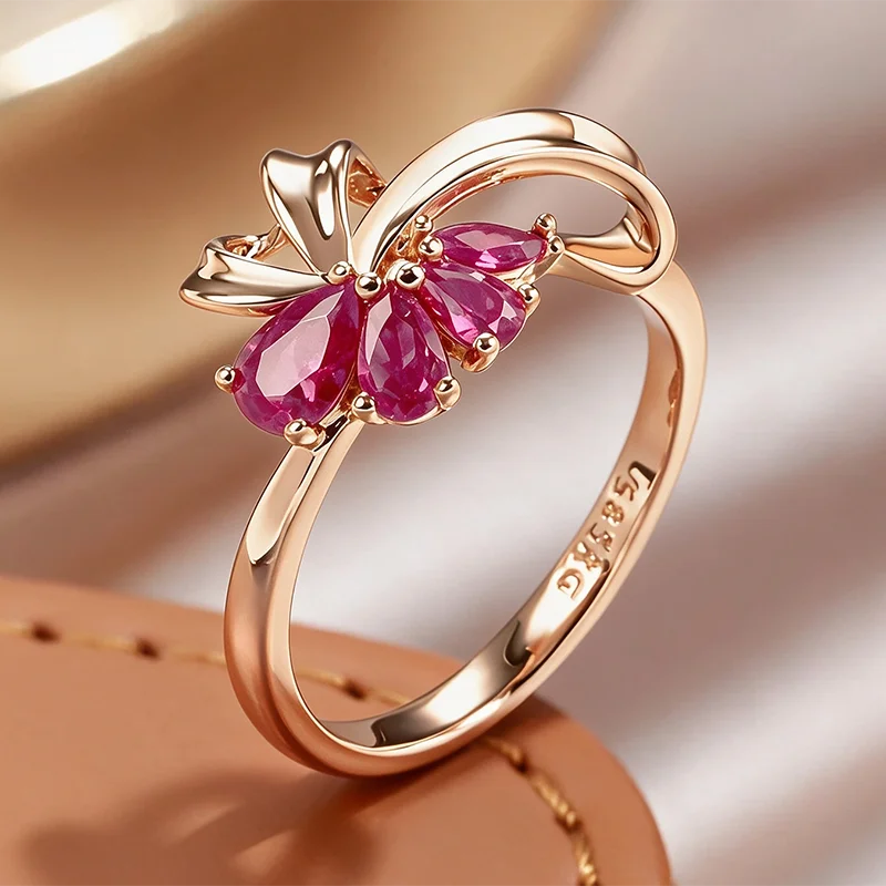 Wbmqda Rote Granat-Blütenringe für Damen 585 Roségoldfarben Mode Hochzeit Party Zirkon Schmuck Accessoires