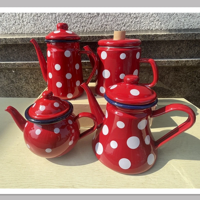 

0.7-1.5 L Kitchen Accessories Thickened Classic Red Polka Dot Enamel Kettle Teapot Coffee Pot Oil Jug