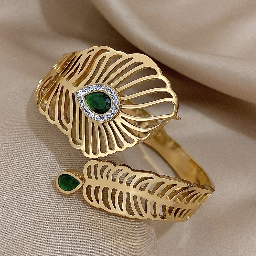 Stainless Steel Exaggerated Green Rhinestone Peacock Tail Cuff Bracelet For Women New Gold Color Bangle Waterproof Wrist Jewelry