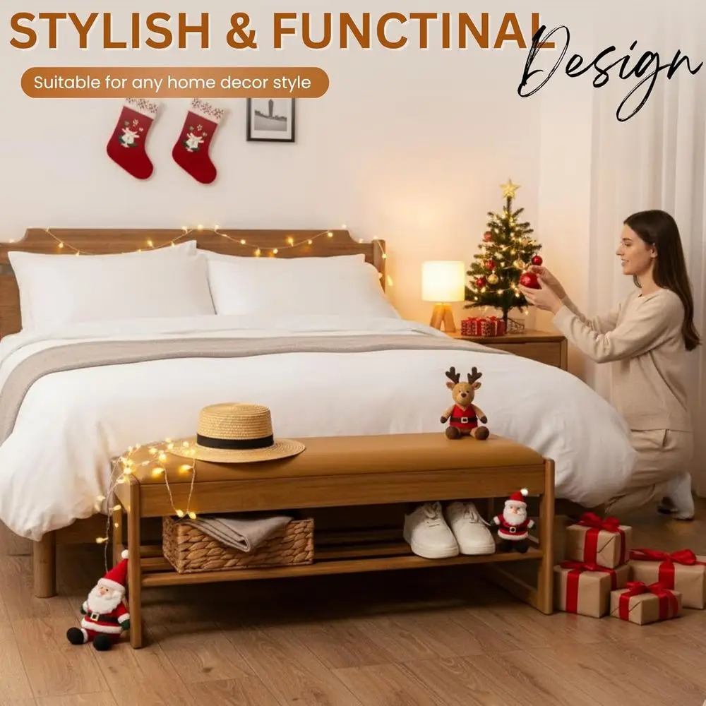 Acacia Wood Shoe Rack Bench with Cushion, 2-Tier Storage, Large 39.4 Entryway Organizer for Peru Color