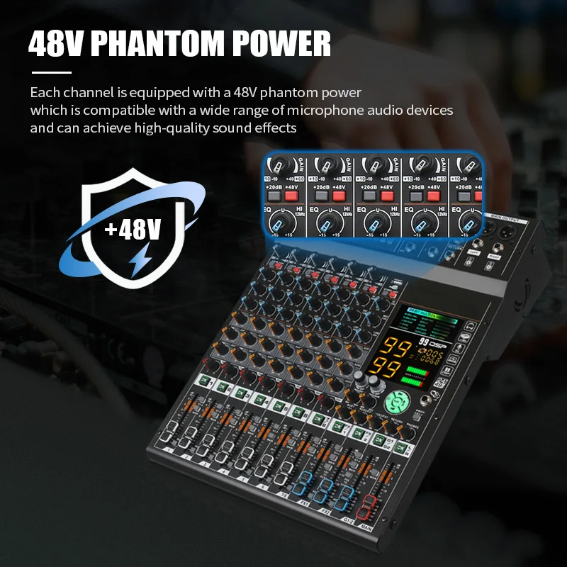 COOYINK 8-Kanal-Audiomischer 2*99 DSP 3 Gruppen Aux Senden Sie eine digitale professionelle Konsole Soundmixer-Konsole mit Bluetooth MP3 USB