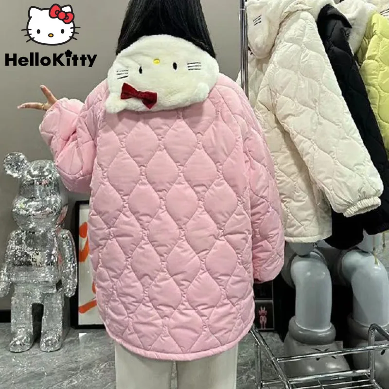 Casaco de pelúcia Sanrio Hello Kitty feminino, roupas acolchoadas de algodão quente, casaco com capuz destacável, tops fofos dos desenhos animados, novo luxo Y2K, inverno