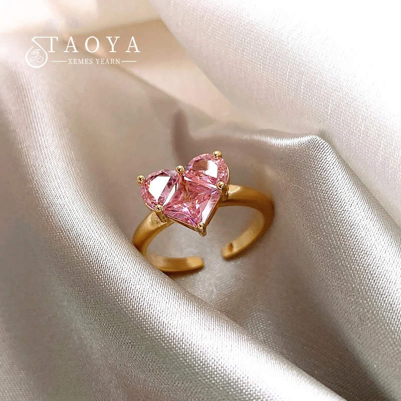 French Romantic Pink Heart-shaped Zircon Gold Color Open Rings Party Women\'s Luxury Set Jewelry Korean Girls Fashion Accessories