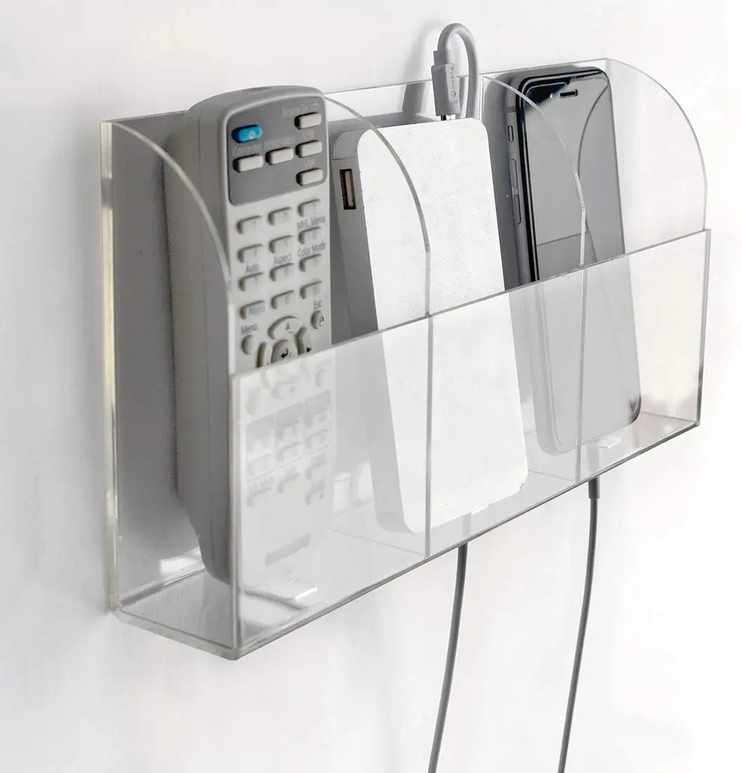 

Clear Wall Mounted Phone Holder with Charging Hole & Remote Storage, Acrylic, 3 Holes