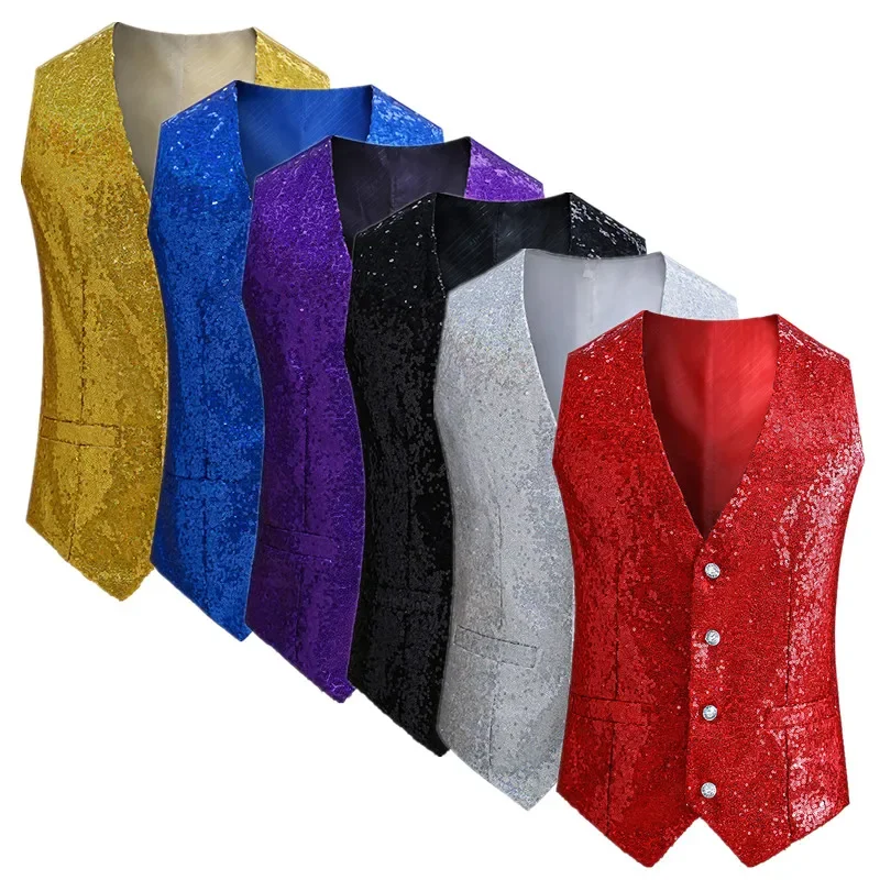 New Men Luxury Sequin Suit Vest Gold / Silver / Black / Red Fashion Singer Host Pianist Stage Performance Dress Waistcoat