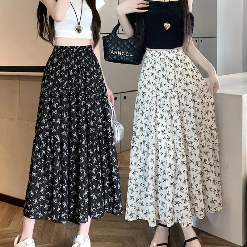 Korean Fashion Floral Print Skirt Women Summer New Elegant Black Long Skirt Female Retro A-line Drap Beach Holdiay Faldas Mujer