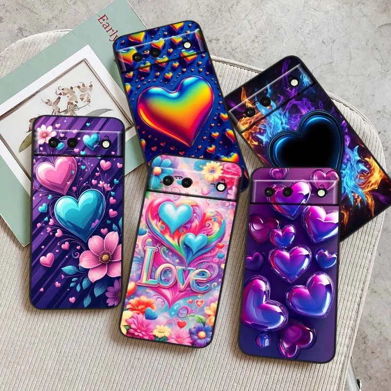 الترتر اللون الفن الحب القلب قضية الهاتف لجوجل بكسل 9a 9 8A 8 7 7A 6 6A برو XL 2024 5G أسود لينة غطاء سيليكون بولي يوريثان #3