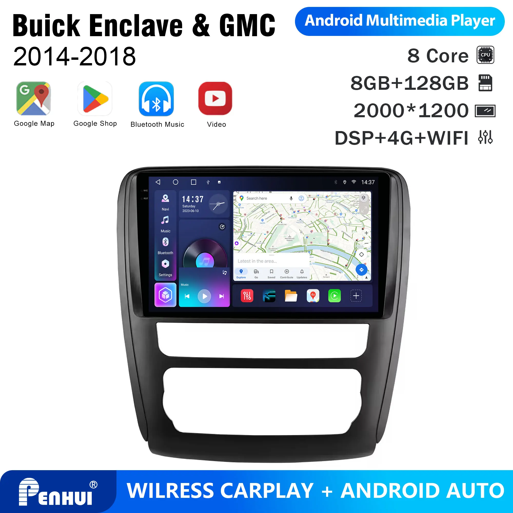 Penhui Android Car DVD Player 2 Din for Buick Enclave & GMC 2014-2018 Multimedia Screen with DSP, Bluetooth, Audio & CarPlay