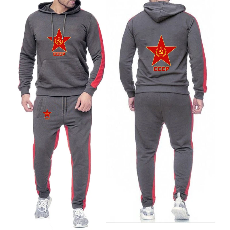 Retro CCCP 2025 Spring Autumn Men's New Solid Color Set Soviet Union USSR Casual Pullover Long Pant 2-piece Jogger Sports Suit