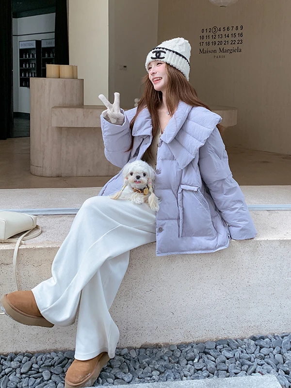 슬리 퍼플 오르티엔드 여성용 다운 재킷 겨울 따뜻한 외투 출퇴근용 슬레 한국 버전 스트레이트 컷 코트