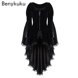 Women Gothic Long Sleeve High Low Dress Lace Stitching Velvet Tuxedo Medieval Aristocratic Ladies Vampire Lolita Cosplay Costume