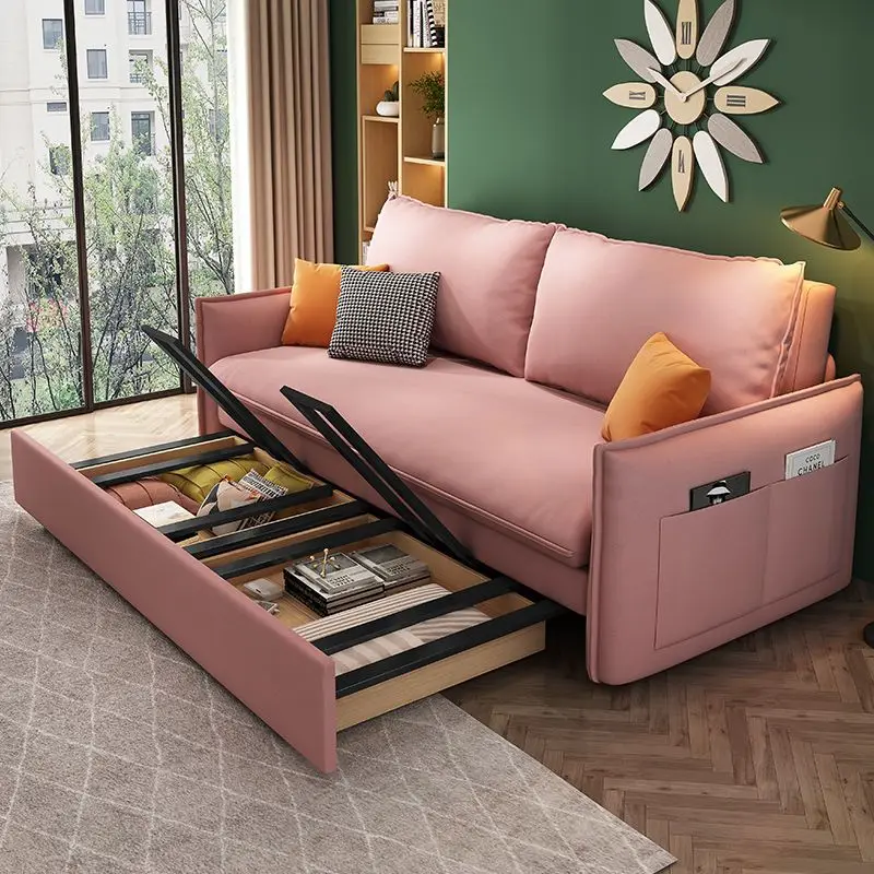 Nordic sofa bed foldable dual-purpose double small apartment living room multi-functional pull-out folding bed solid wood simple