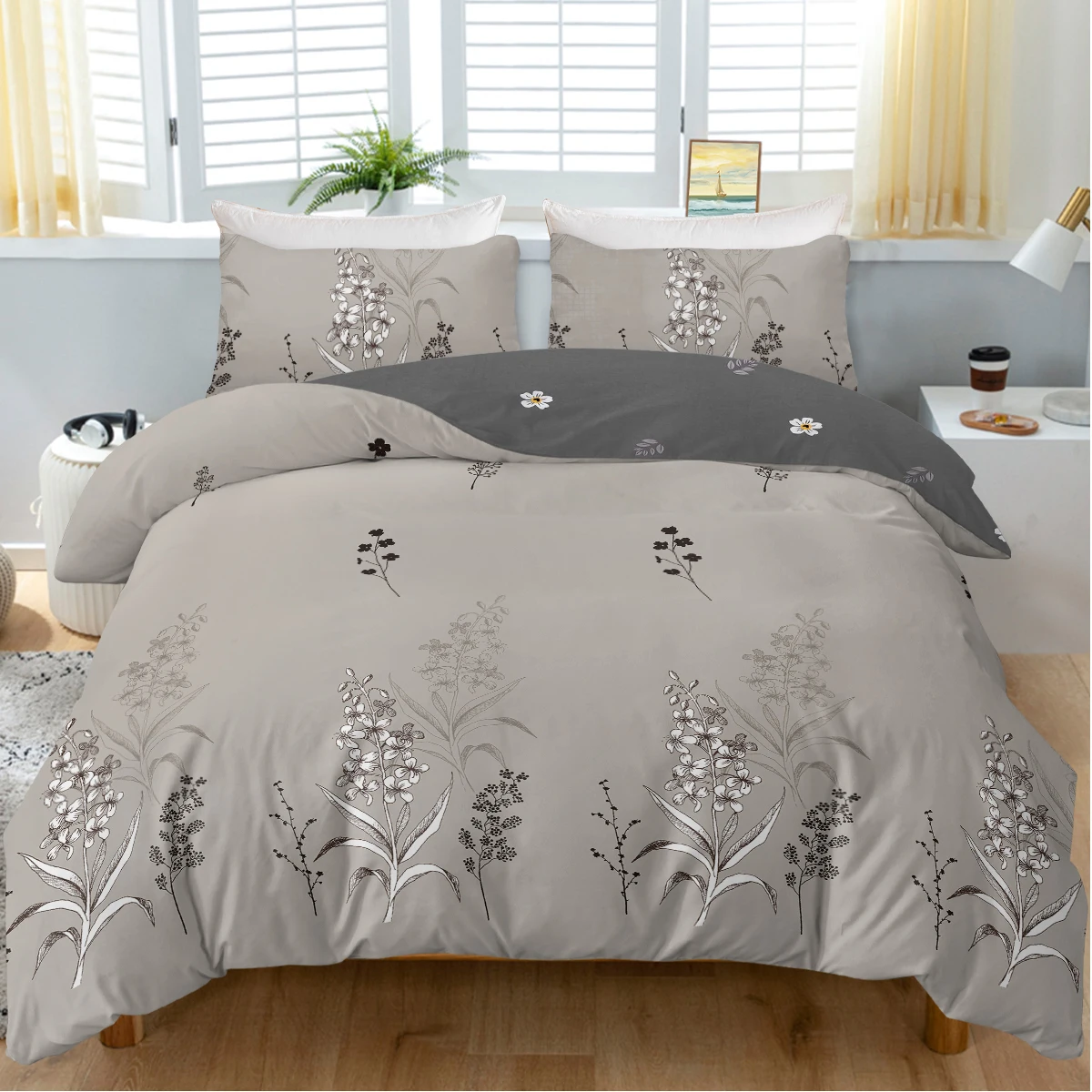 3PCS Sketch Floral Print Bedding Set Soft Microfiber Duvet Cover Grey Wildflower Bed Linens Reversible Design For Bedroom Decor