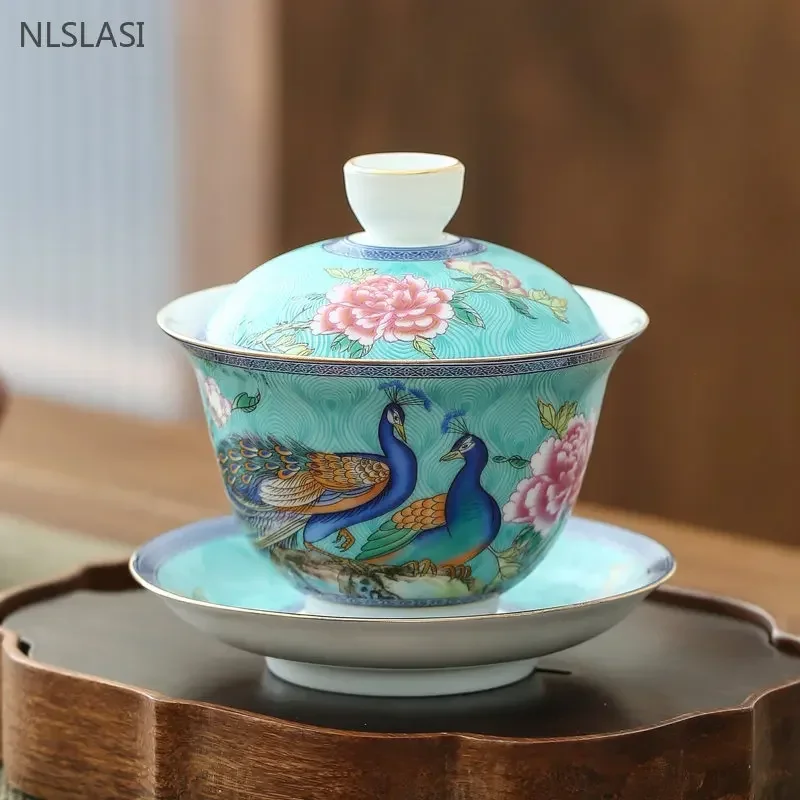 180ml Jingdezhen Ceramic Gaiwan Enamel Color with Cover Tea Cup Sancai Tea Bowl Chinese Porcelain Tea Set Household Tea Infuser