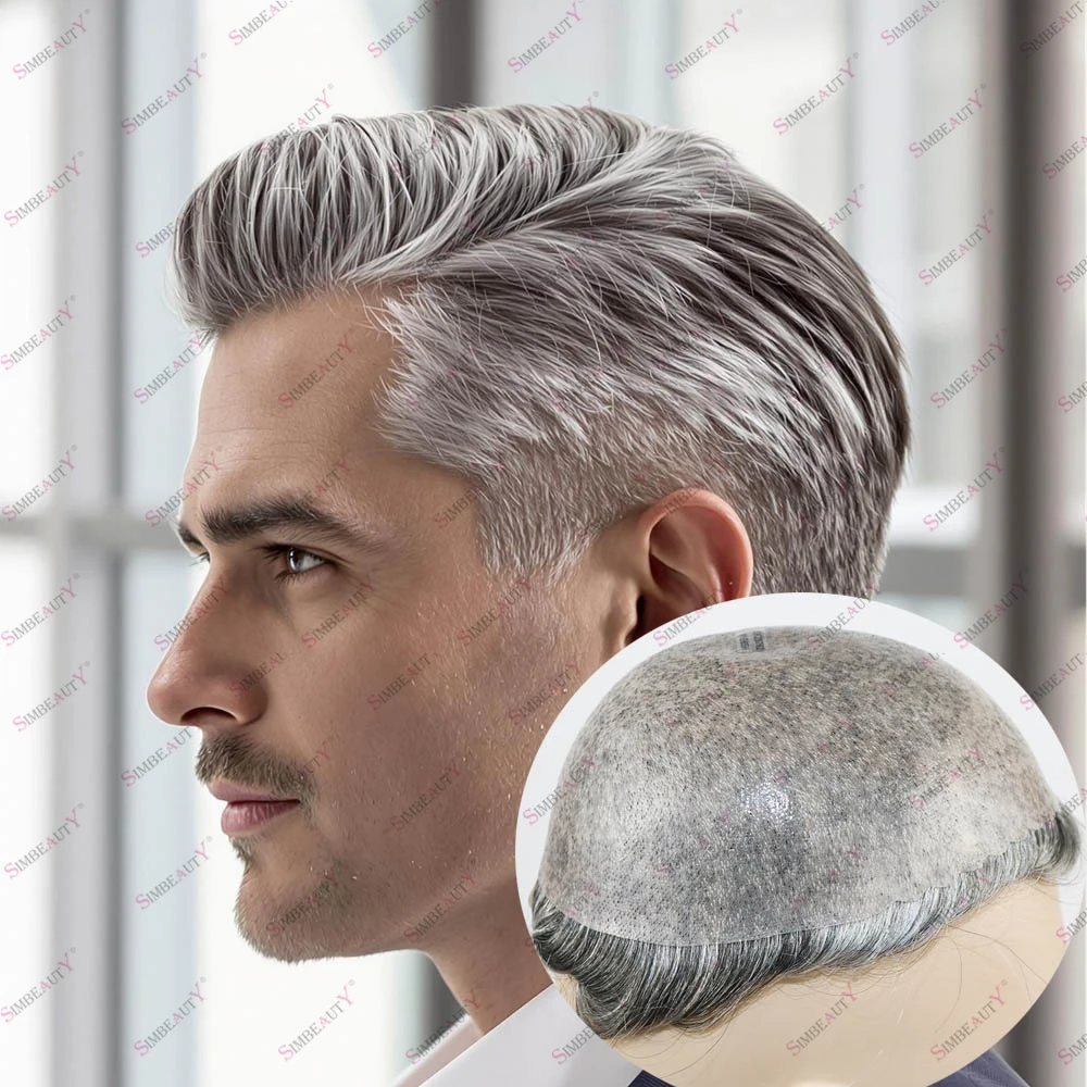 

Мужской парик-система из 65% натуральных/80% синтетических волос, серый, на основе из ПУ 0,1 мм, с волнистыми/прямыми волосами, прочный, недорогой, имитирующий кожу головы