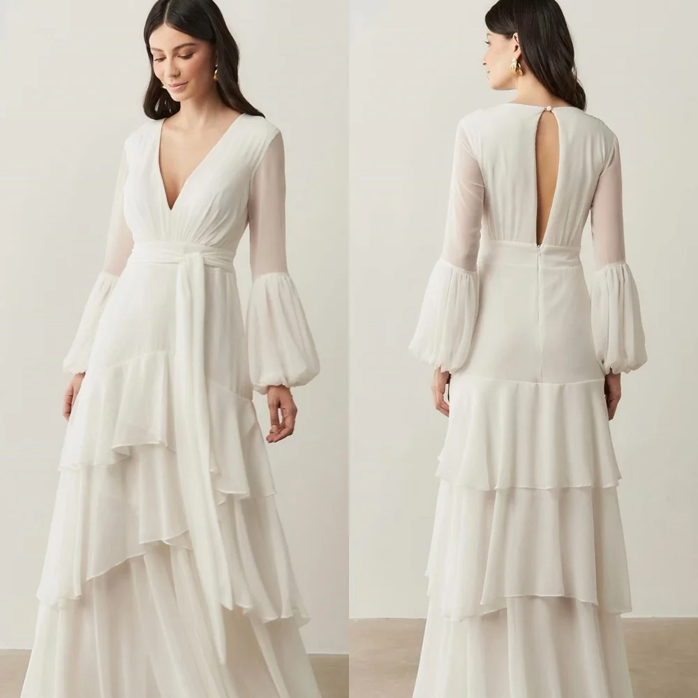 

Customized Exquisite Chiffon Pleat Sash A-line V-neck Long Dresses Bespoke Occasion High Quality Pastrol