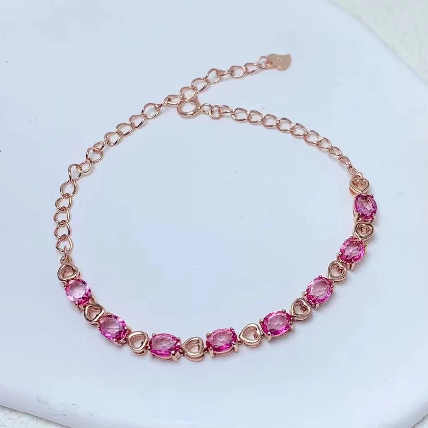 VVS Grade Pink Topaz Bracelet 4mm*5mm Total 3.2ct Natural Topaz Silver Bracelet 18K Gold Plated Gemstone Jewelry