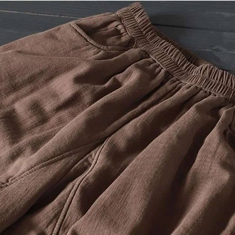 2022 Autumn Winter New Arts Style Women Elastic Waist Casual Thicken Warm Loose Pants Vintage Cotton Linen Harem Pants C529