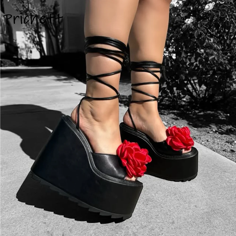 

Red Flower Black Platform Sandals Thick Soled Ankle Band Leather Peep Toe Slingback Shoes Summer Fashion Women's Party Shoes