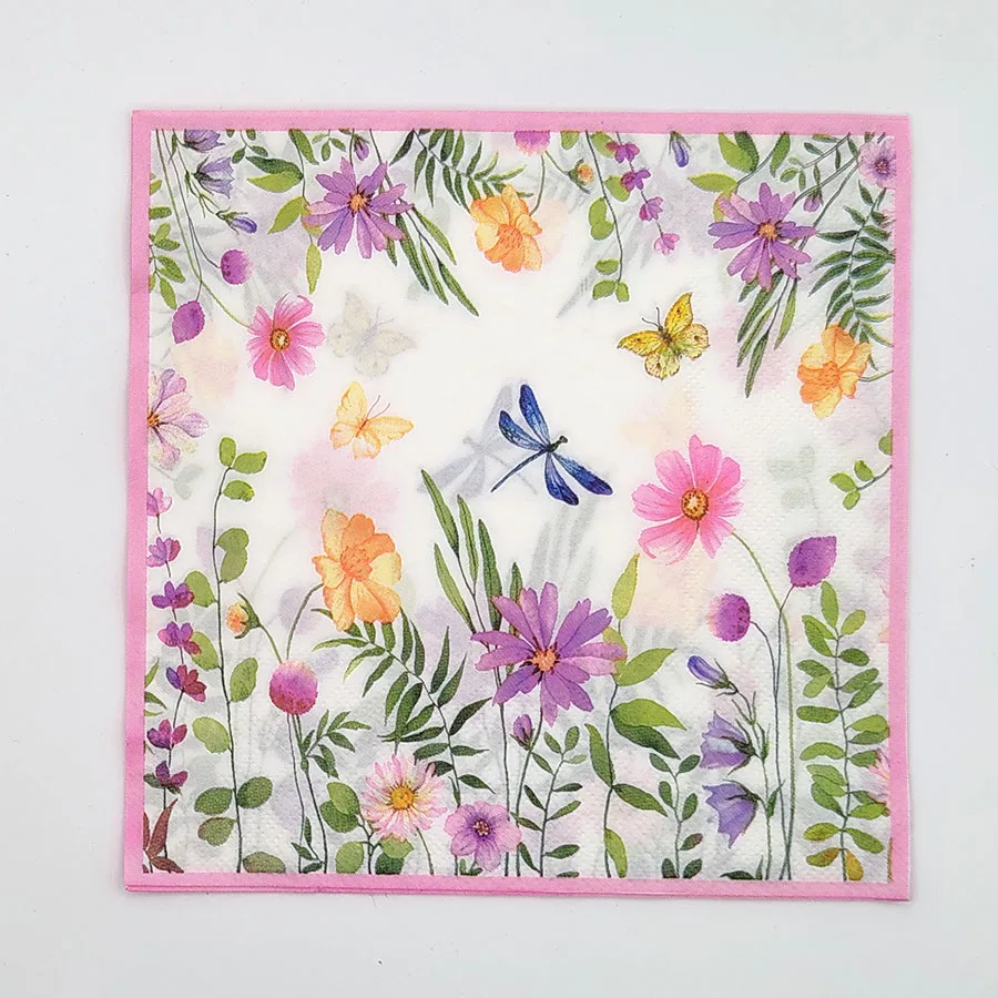 Elegant Floral Napkins with Dragonflies & Butterflies - 2-Ply Water-Absorbent Paper for Wedding Table Decor, Pink Edged Botanica