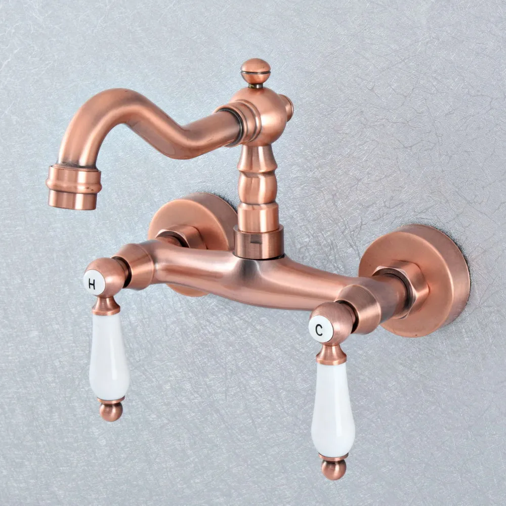 

Antique Red Copper Brass Wall Mounted Kitchen Wet Bar Bathroom Vessel Basin Sink Hot Cold Mixer Tap Swivel Spout Faucet msf901