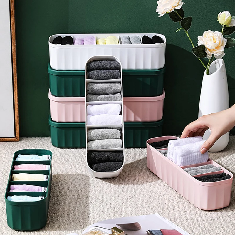 5 Girds Socks Underwear Panties Storage Boxes With Lid Drawer Divider Bins Organizer Wardrobe Stackable Case Home Organization