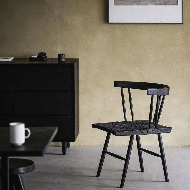 Ash wood black rope dining chair backrest tea chair