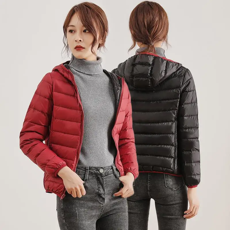 Autumn Winter Two-sided Hooded Down Jacket Women Light Thin White Duck Down Coat Ladies Warm Bigsize Puffer Parkas Short Outwear