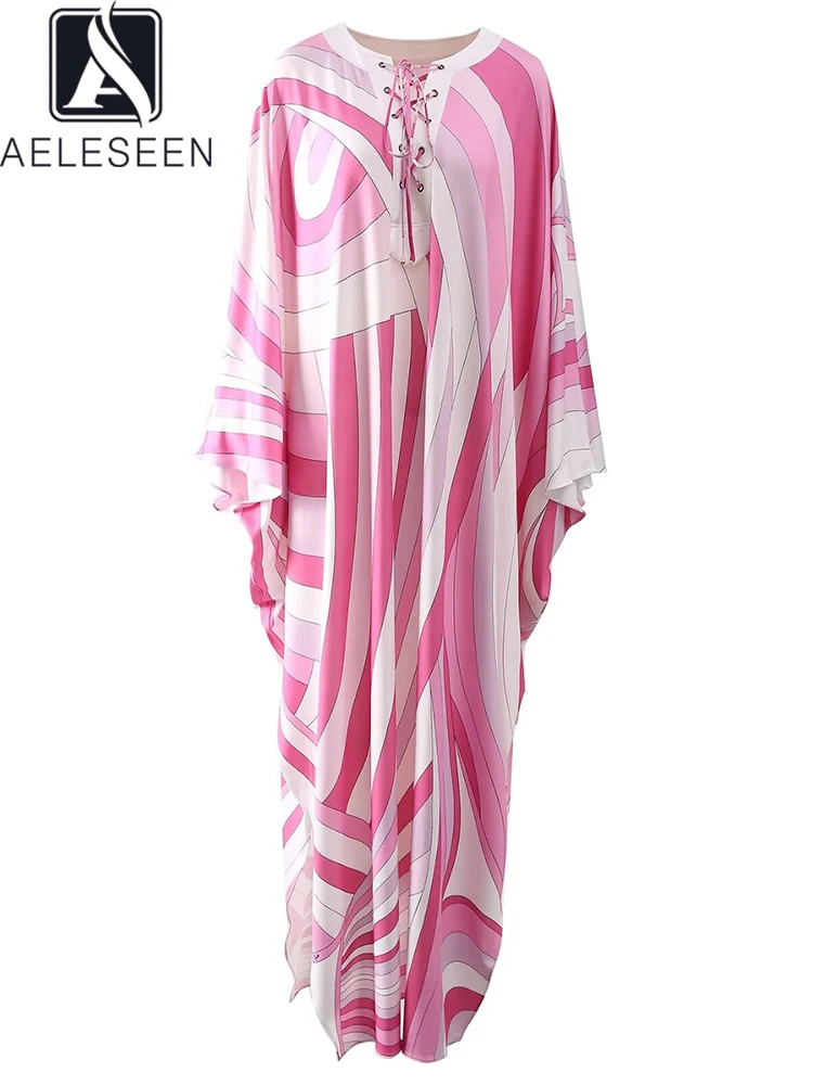 

AELESEEN Elegant Loose Robe Dress Women Batwing Sleeve Pink Striped Print Bandage Long Irregular Casual Holiday Vacation