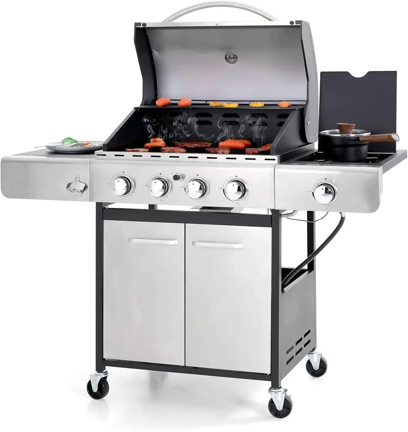 4-Burner Propane Gas BBQ Grill with Side Burner and Porcelain-Enameled Cast Iron Grates, Stainless Steel Barbecue Grills Outdoor