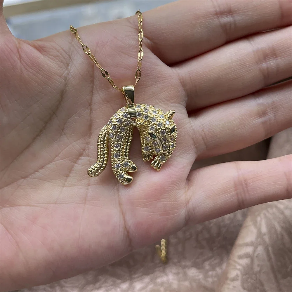 Hip Hop Leopard Stainless Steel Chain Necklace Personality Zircon Filled Titanium Steel Leopard Animal Jewelry For Women