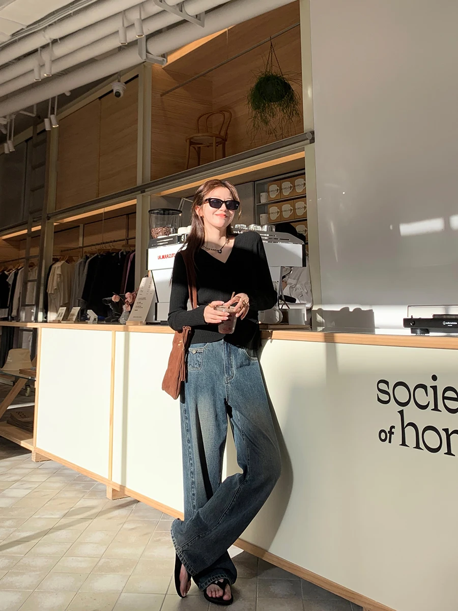 

Джинсы с высокой талией и прямыми штанинами, женские, свободного кроя, утягивающие, широкие брюки, ретро, универсальные леггинсы, темно-синие джинсы из денима