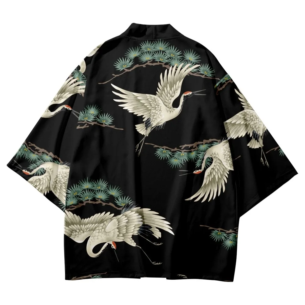 

Men Kimono And Shorts Japanese Yukata Coat Samurai Harajuku Haori Clothes Black Crane Print Cardigan Asian Costume