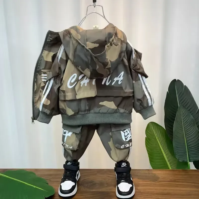 Children\'s Clothing Set Spring and Autumn New Boys Casual Camouflage Clothing Set Baby Jacket Pants Two-piece Set